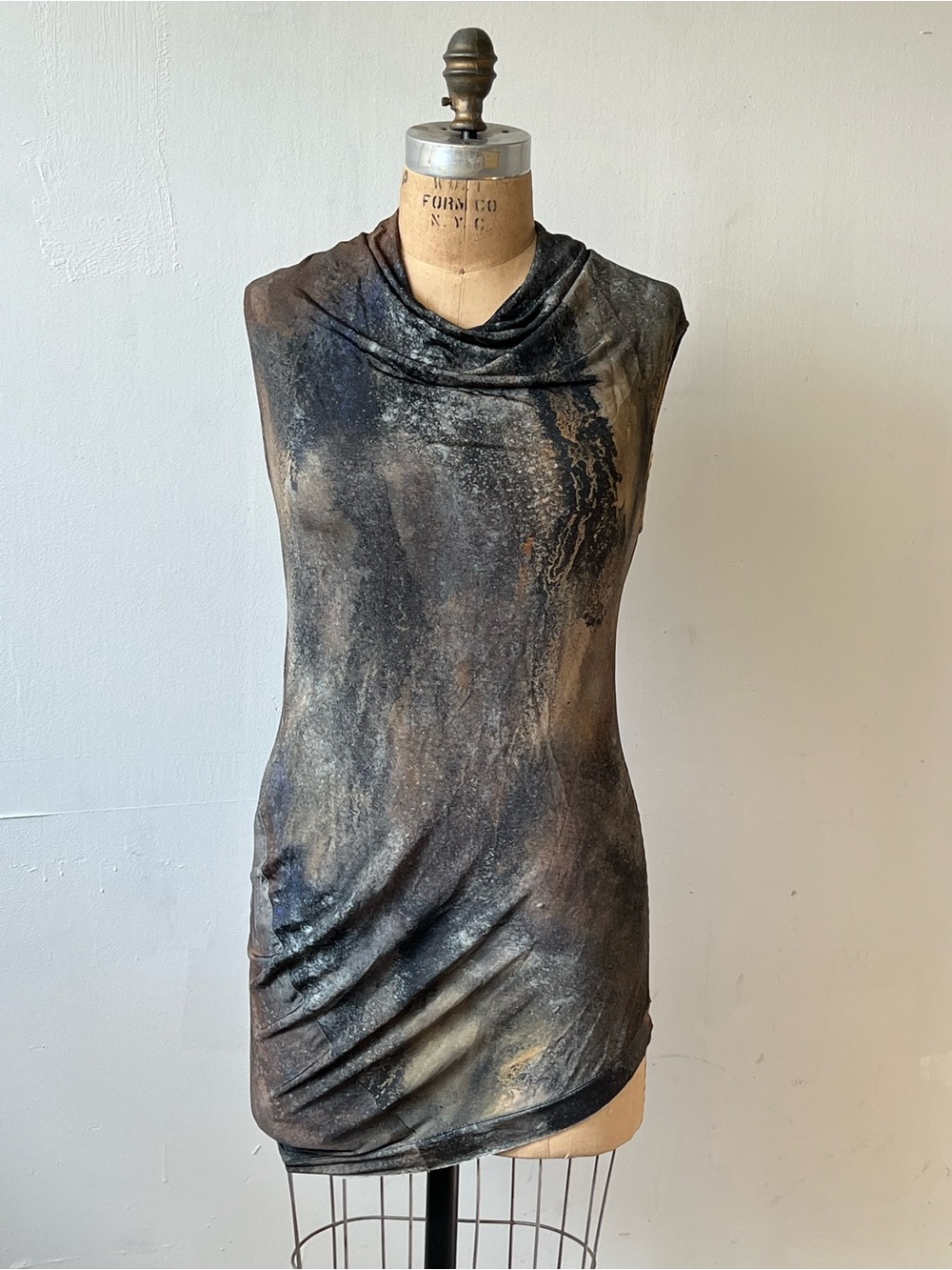 Helmut Lang Womens Abstract Print Cowl Neck Ruched Sleeveless Tunic Top Size P